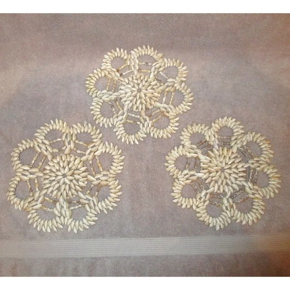 Vtg Set Of 3 Seashell Flower Trivet Hot Pad Beachy Wall Decor 9
